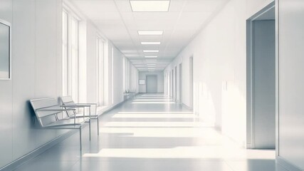 Empty bright hospital corridor with waiting area and sunlight beaming through windows - Powered by Adobe