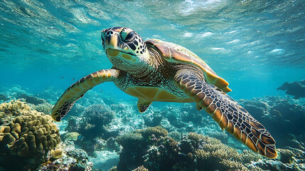 Fototapeta premium Sea turtle gracefully swimming amidst vibrant coral reef.