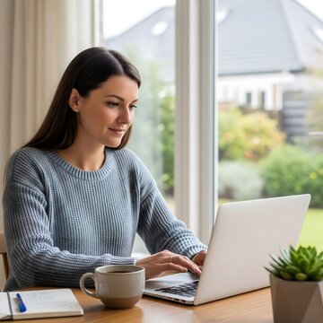 Focused Woman Working from Home on Laptop, Productive Remote Work Setup