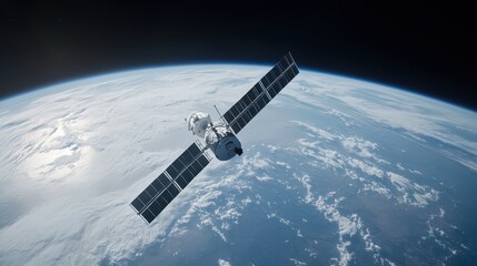 Obraz premium Satellite Orbiting Earth with Solar Panels and Space Background
