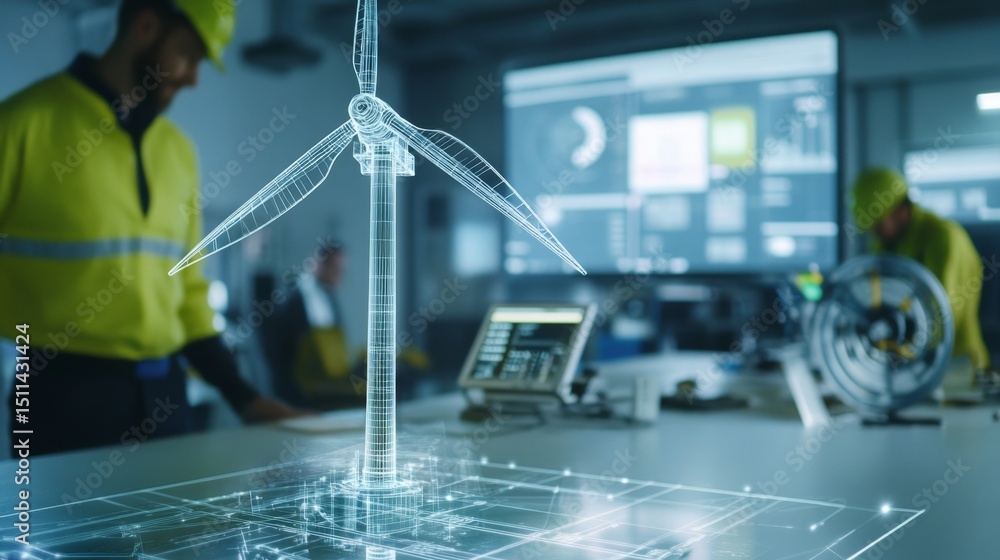 Poster engineers evaluating wind turbine in office environment closeup view for renewable energy projects
