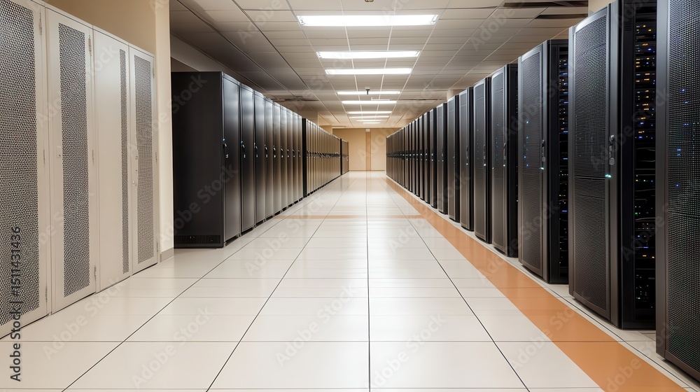Poster modern data center with rows of server racks and bright lighting