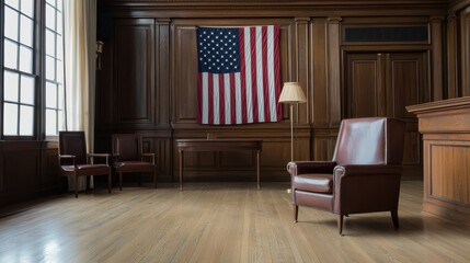 Elegant courtroom interior with American flag and wooden decor