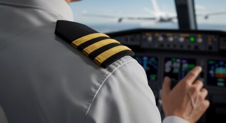 Close-up of an Airplane Pilot's Shoulder Epaulets and Hand on Controls During Flight