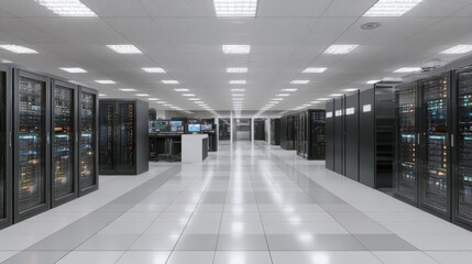 Modern Data Center Interior with Server Racks and Workstations