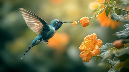 A hummingbird hovers near an orange flower.