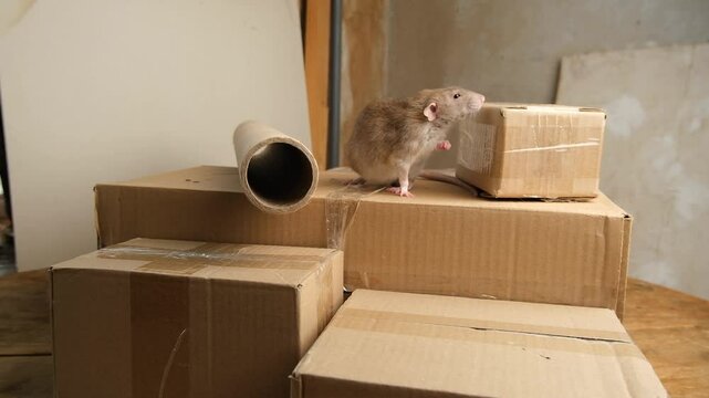 Gray rat on brown corrugated cardboard packaging boxes in a product warehouse.