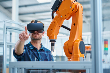 Engineer using vr headset to program industrial robot arm