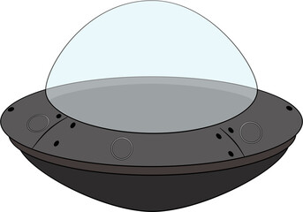A grey cartoon UFO, featuring a transparent light blue dome cockpit and circular details, is illustrated simply against a white background.