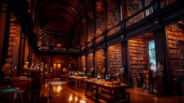 Interior view of the long room in trinity college library with wooden bookshelves and tables