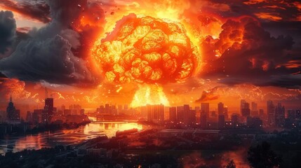 Fototapeta premium Dramatic depiction of a nuclear explosion over a city, illustrating a catastrophic event.