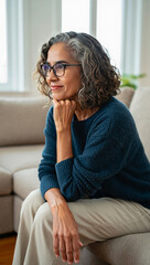 Thoughtful mature woman sitting on couch at home