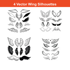 Wings icons set on transparent background. Angel wings icon vector set. Editable wings vector, wings angle, black and white, hawk wings,