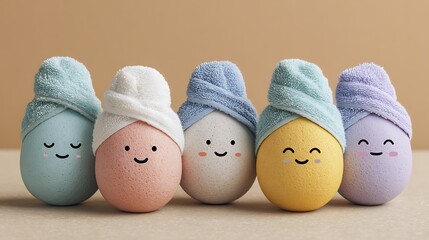 gentle pastel Easter eggs in a spa setting, each egg has a soft towel wrap on top, delicate hand-drawn smiles, and soothing face masks or eye patches. Creative cute promotion for .