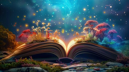 A magical open book displaying a vibrant, enchanting world with colorful glowing elements.