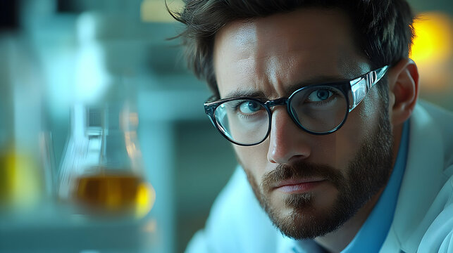 Close-up portrait of a scientist in a laboratory setting.