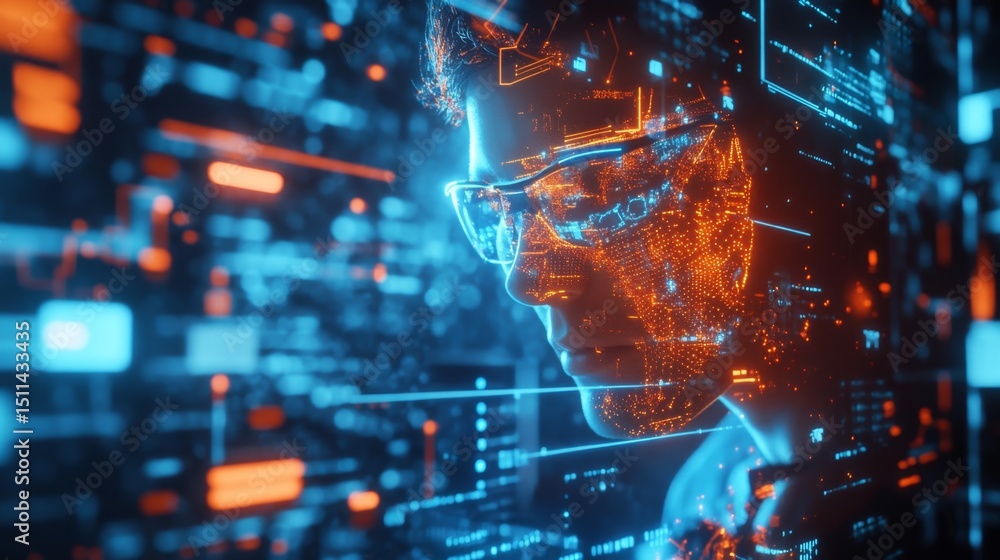 Poster cyber hacker analyzing data in futuristic digital environment high-tech virtual space insightful ana