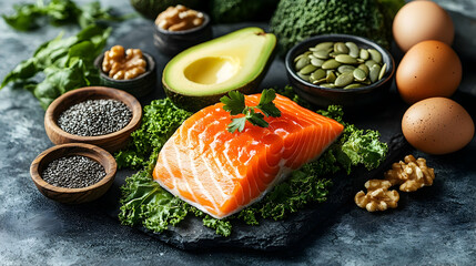 Variety of healthy foods arranged on a dark surface.