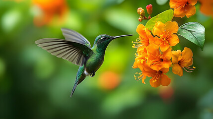 Fototapeta premium A hummingbird hovers near vibrant orange flowers.
