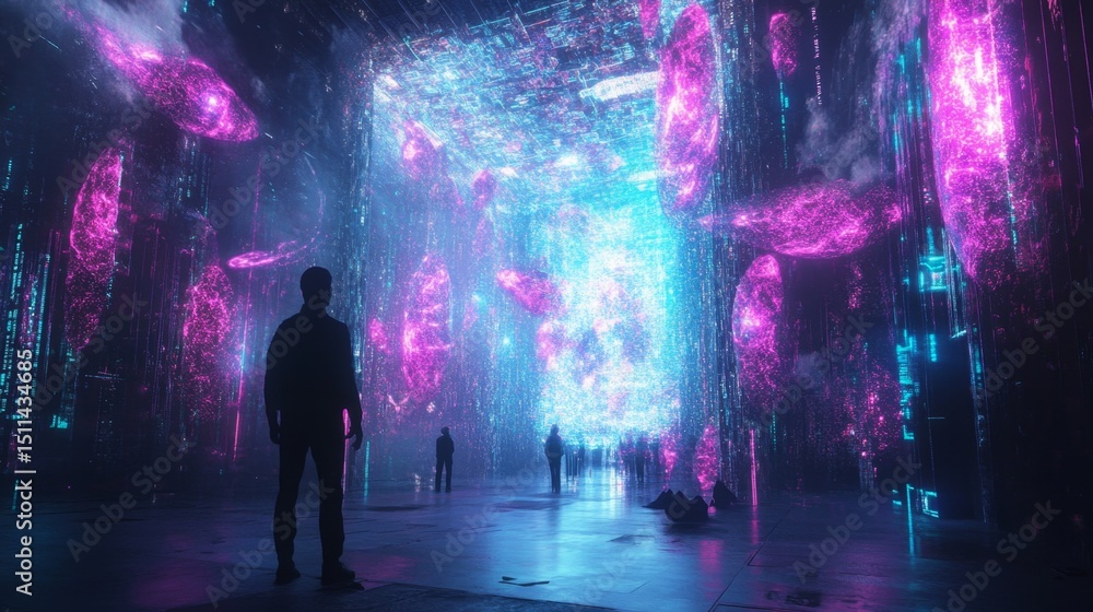 Poster immersive digital particles in a glowing virtual realm an abstract visual exploration
