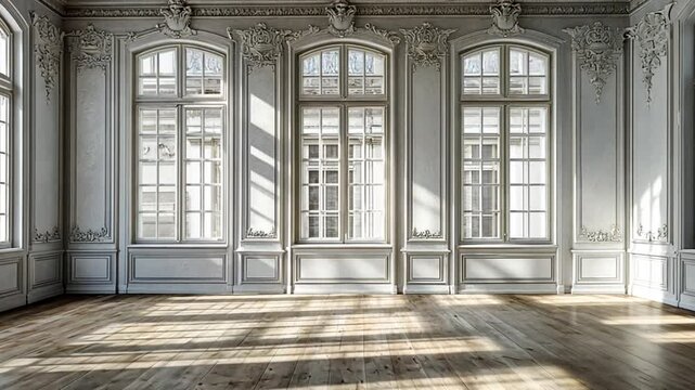 Elegant architectural interior featuring detailed ornamentation and sun-drenched parquet flooring