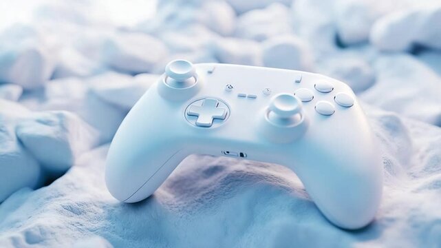 Futuristic White Game Controller on Snowy Landscape Display for Gamers and Designers