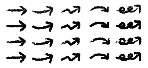 Various bold brush drawn curved arrows. Creative arrows in grunge style. Curved and wavy brush strokes with scratches.