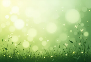 Obraz premium Sunlit Green Field with Blurred Bokeh Effect and Floating Leaves – Serene Nature Background Featuring Lush Grass and Soft Glowing Light 