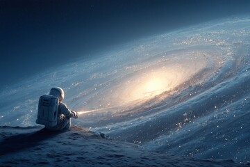 Space scientist with galaxy and rocket trajectories on black background, interstellar exploration