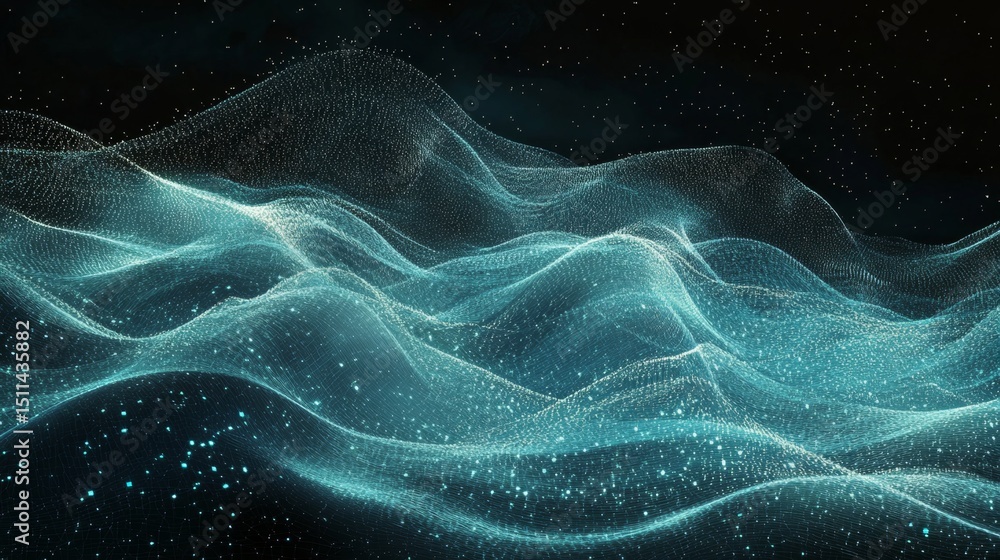 Poster dynamic waves of digital code streaming across a virtual landscape in a futuristic environment