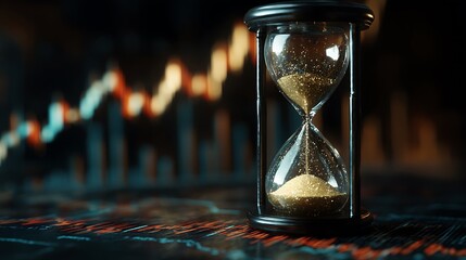Hourglass with flowing sand shows time is money concept on graph investment chart background .