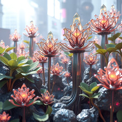 Innovative synthesis of nanomachine plants with crystalline metallic structures in a synthetic ecosystem for futuristic urban environments. Hybrid Environments. Illustration