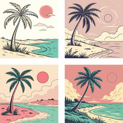 Obraz premium A palm tree on a deserted island with a glowing pink sun.