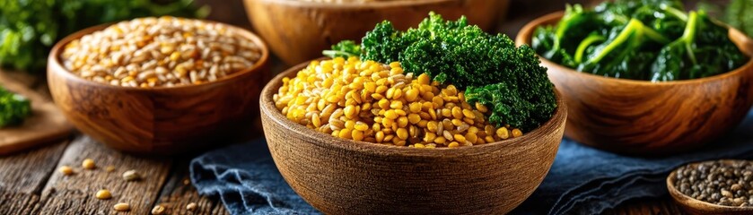 Whole grains for health prevention in vegetables and fruits concept. Healthy bowls filled with grains and leafy greens on wooden table.