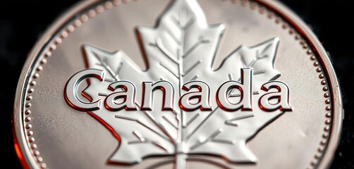 Close-up of "Canada" word on a silver maple leaf coin,  design,   engraving