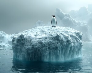 A lone penguin standing on a shrinking glacier