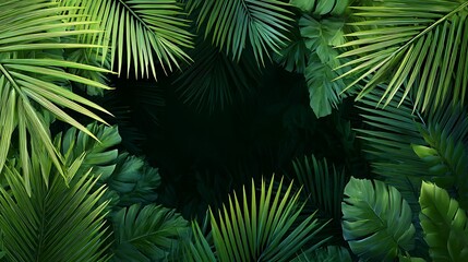 Fototapeta premium Lush Green Palm Leaves Frame Tropical Paradise Background .