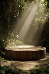 A circular wooden podium surrounded by lush greenery and sunlight, filled with foliage and a sense of nature. Product display a wooden podium
