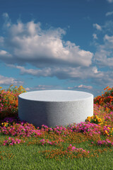 A round marble podium surrounded by colorful flowers field and blue sky and cloud on background. Product display a marble podium advertising
