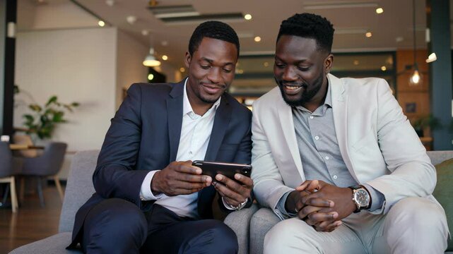 African business friends smiling at phone during office break - IA generative model