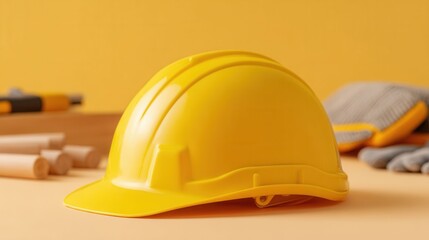 Bright Pastel Yellow Safety Helmet on Soft Background for Safety Themes