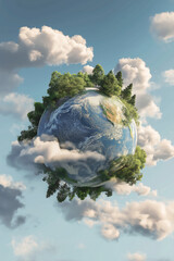 Floating mini world, planet earth with tiny trees surrounded by clouds. World environment day, Environmental and sustainable development