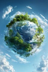 Floating mini world, planet earth with tiny trees surrounded by clouds. World environment day, Environmental and sustainable development