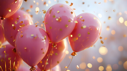 Luxurious birthday celebration with pink balloons and golden confetti