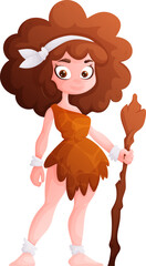 Cartoon Cavewoman Character, Prehistoric Girl Holding Club, Stone Age Illustration.