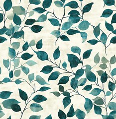A batik fabric seamless pattern of blue and green leaves on a gray stone background
