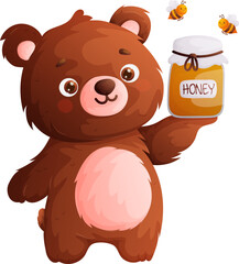Cute Cartoon Bear Holding a Jar of Honey with Bees Flying Around, Sweet Treat Theme.