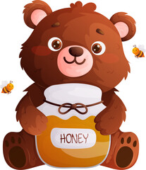 Cute Cartoon Bear with Honey Jar and Bees Illustration, Adorable Character