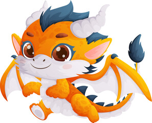 Cute Orange Baby Dragon Cartoon Character with Wings, Spikes, and a Big Smile