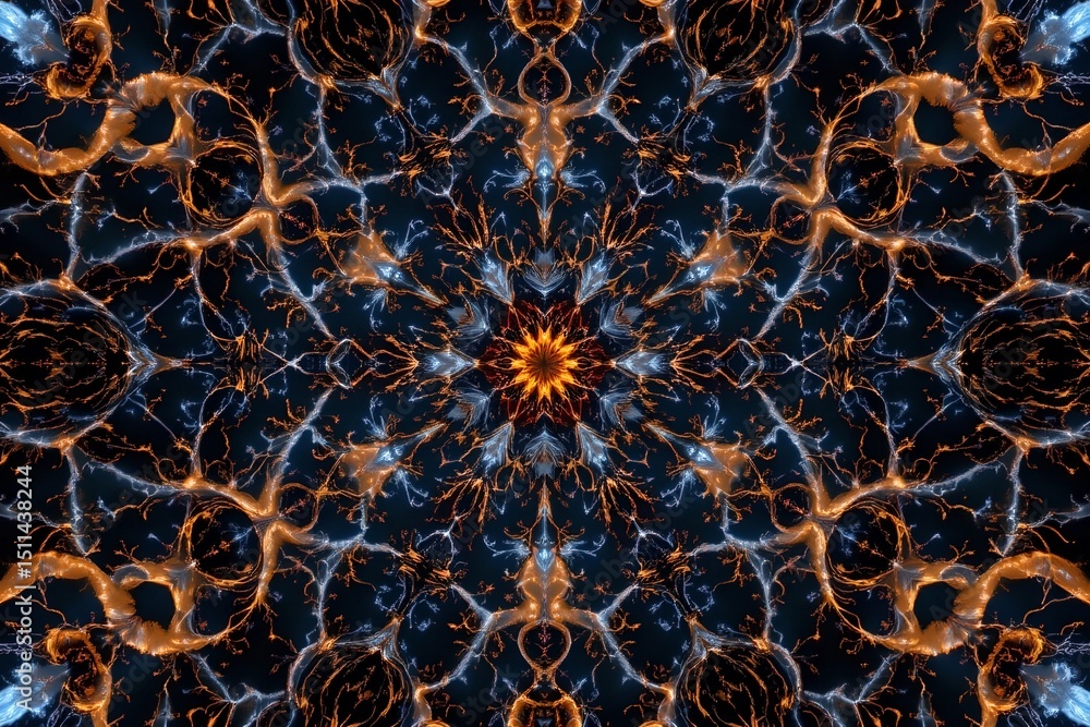 Poster fractal style digital art, with repeating patterns of dna double helixes and neural branches radiati